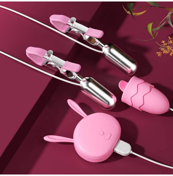 MIZZZEE - Vibrating Nipple Clamps Licking Vibrator Egg (Chargeable - Pink)